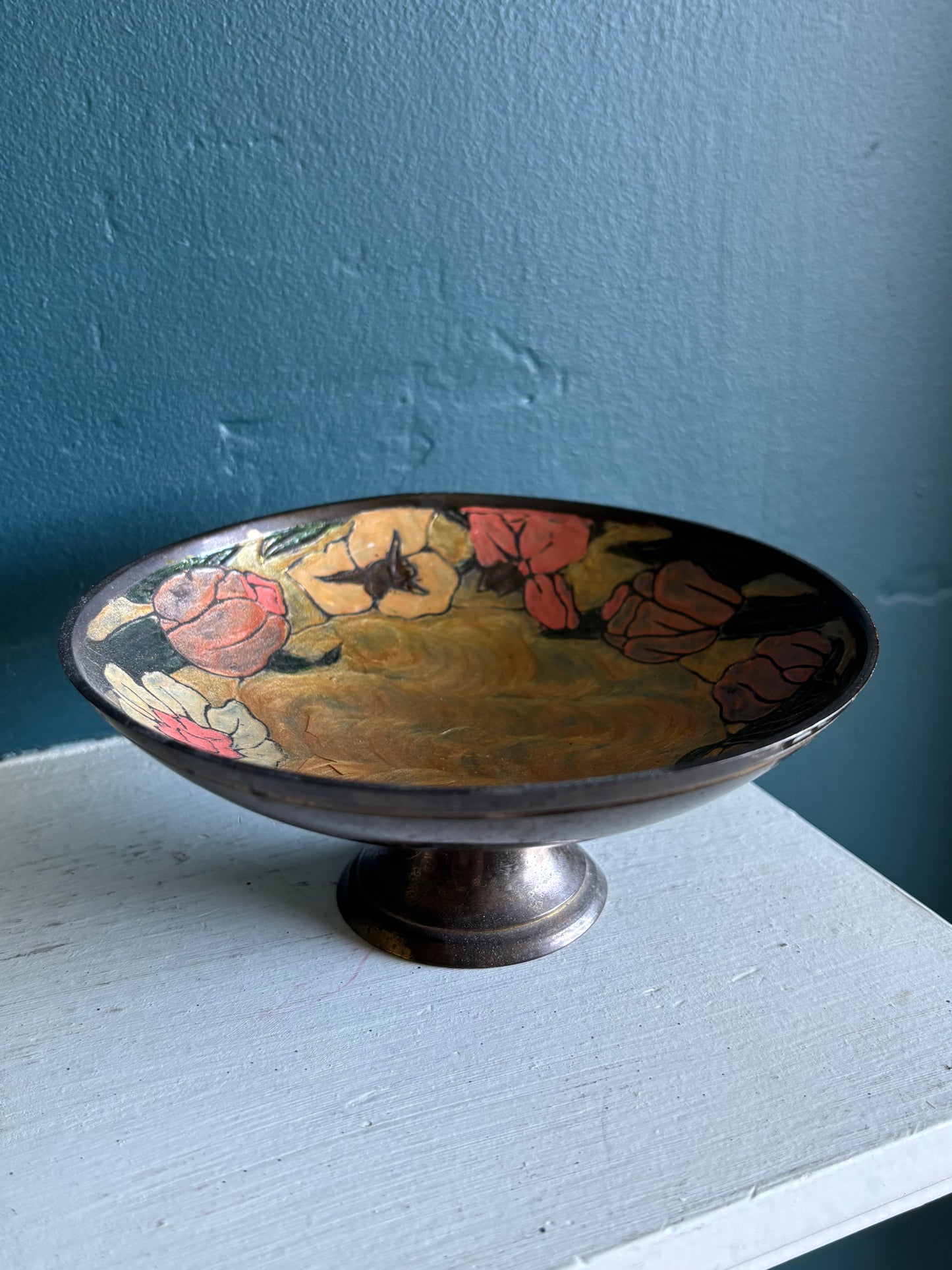 Vintage Brass & Enamel Pedestal Bowl w/ Yellow Pink & Orange Florals