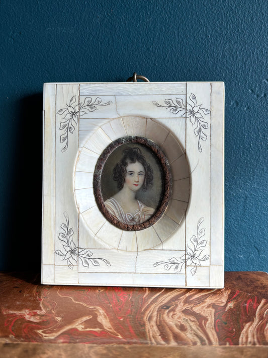 Antique Victorian Framed Mini Hand Painted Woman Portrait