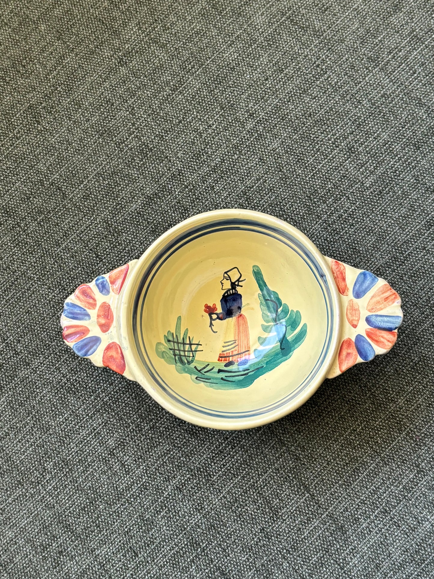 Vintage Hand Painted French Faience Quimper Lug Handled Bowl