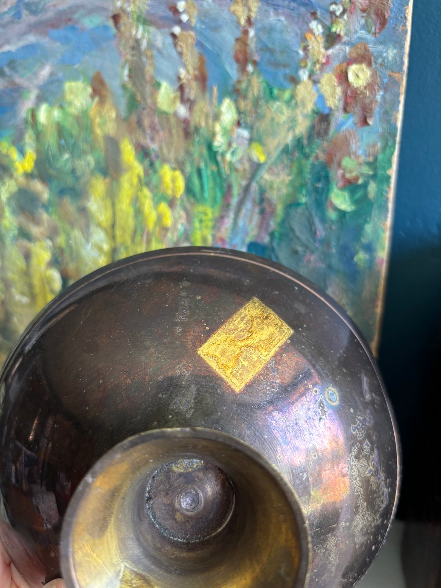 Vintage Brass & Enamel Pedestal Bowl w/ Yellow Pink & Orange Florals