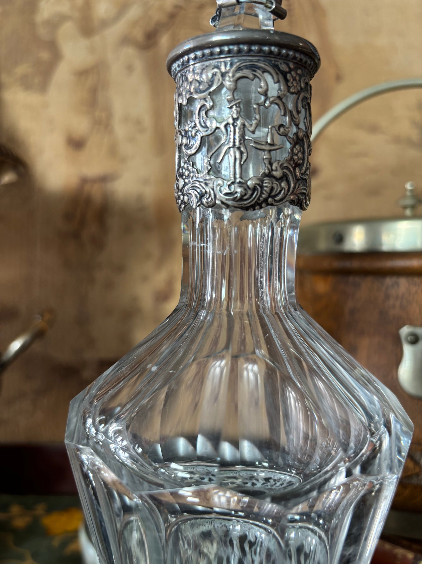 Antique Dutch Crystal & Continental Silver Repousse Dog Decanter