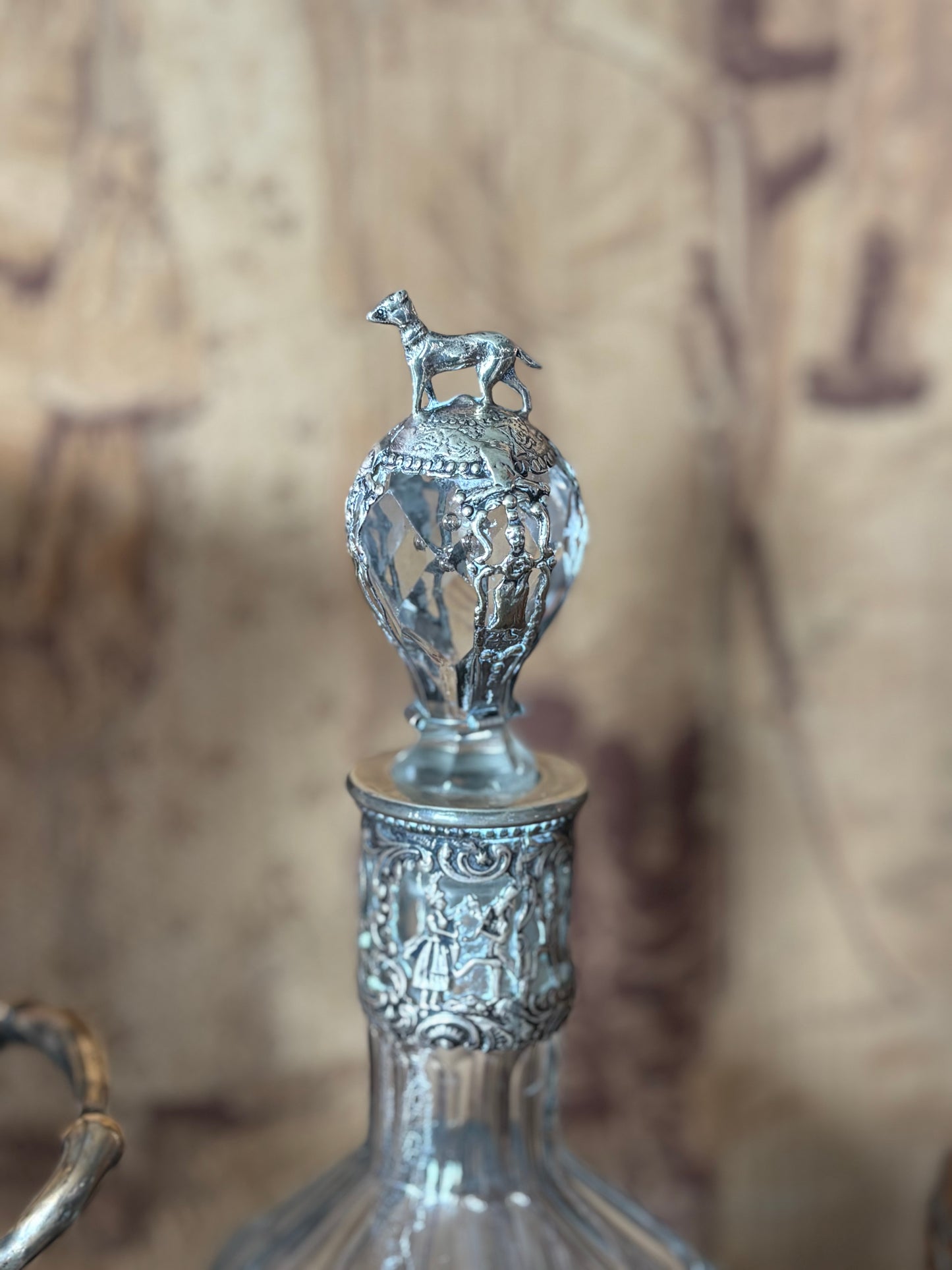 Antique Dutch Crystal & Continental Silver Repousse Dog Decanter