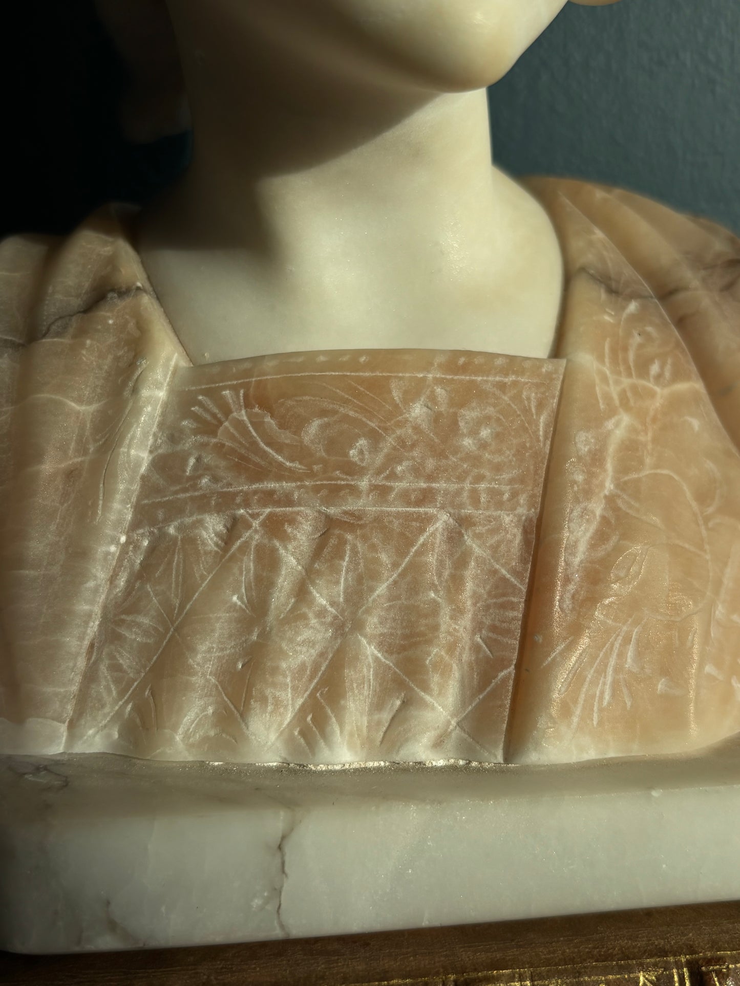 Vintage Signed Italian Carved Alabaster Female Bust Pink & White Sculpture