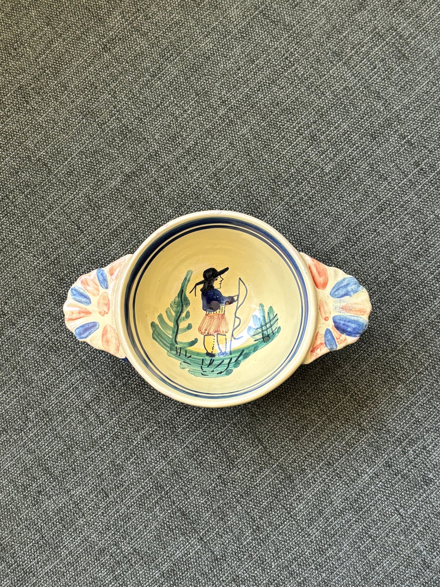 Vintage Hand Painted French Faience Quimper Lug Handled Bowl