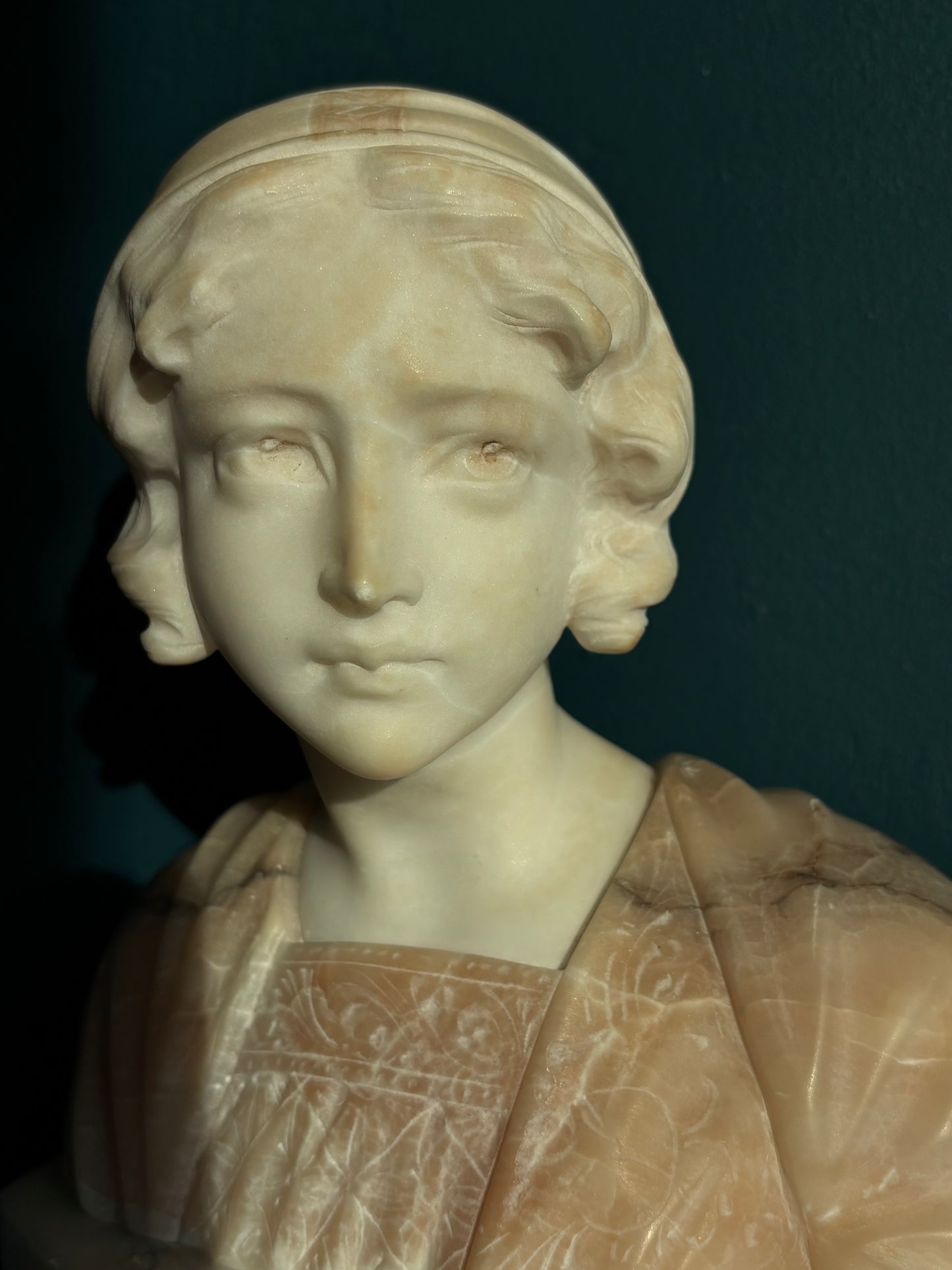 Vintage Signed Italian Carved Alabaster Female Bust Pink & White Sculpture