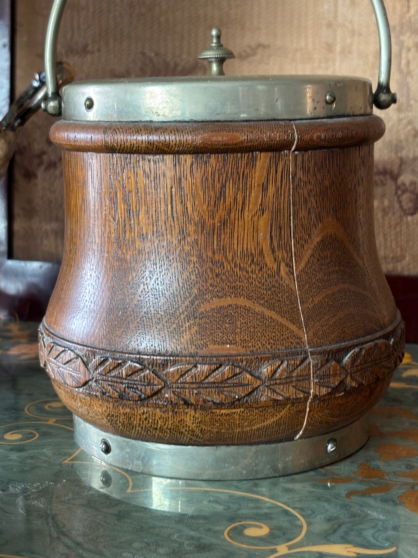 English Oak Silver Biscuit Barrel Ice Bucket