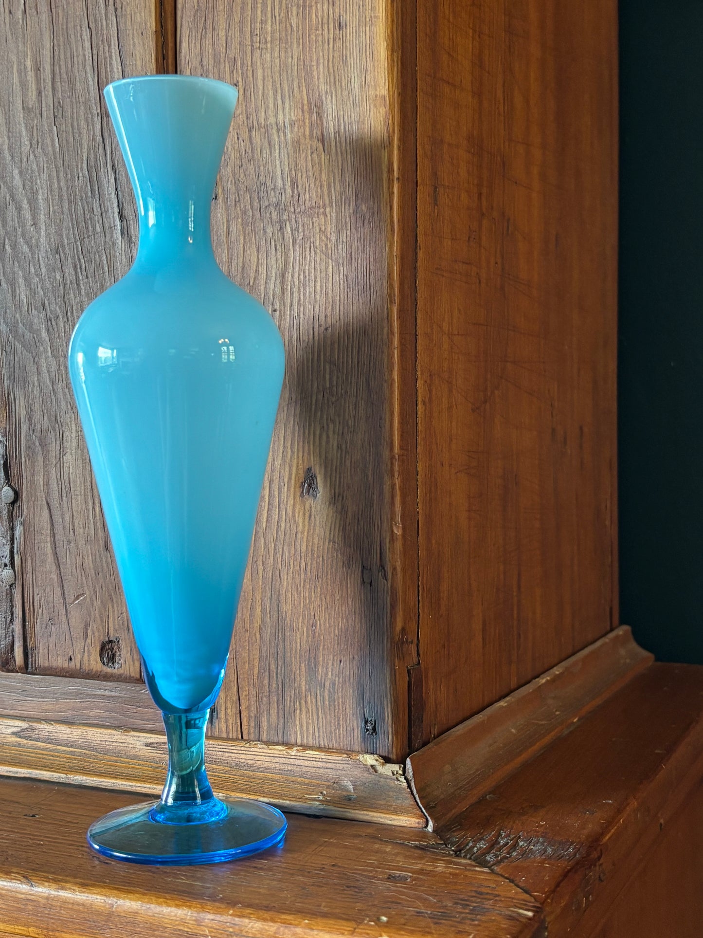 Hand Blown Blue Opaline Glass Stem Vase 10"