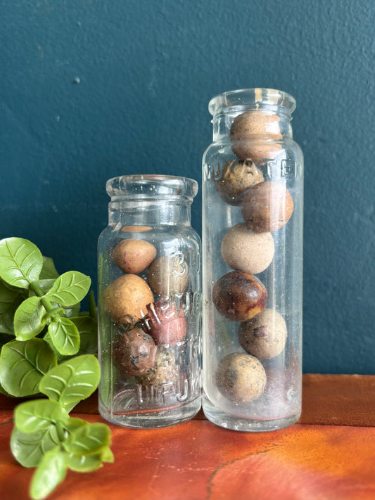 Antique Clay Marbles & Medicine Glass Jar