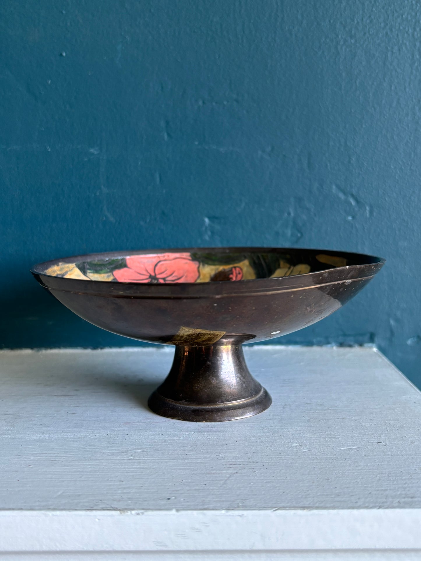 Vintage Brass & Enamel Pedestal Bowl w/ Yellow Pink & Orange Florals