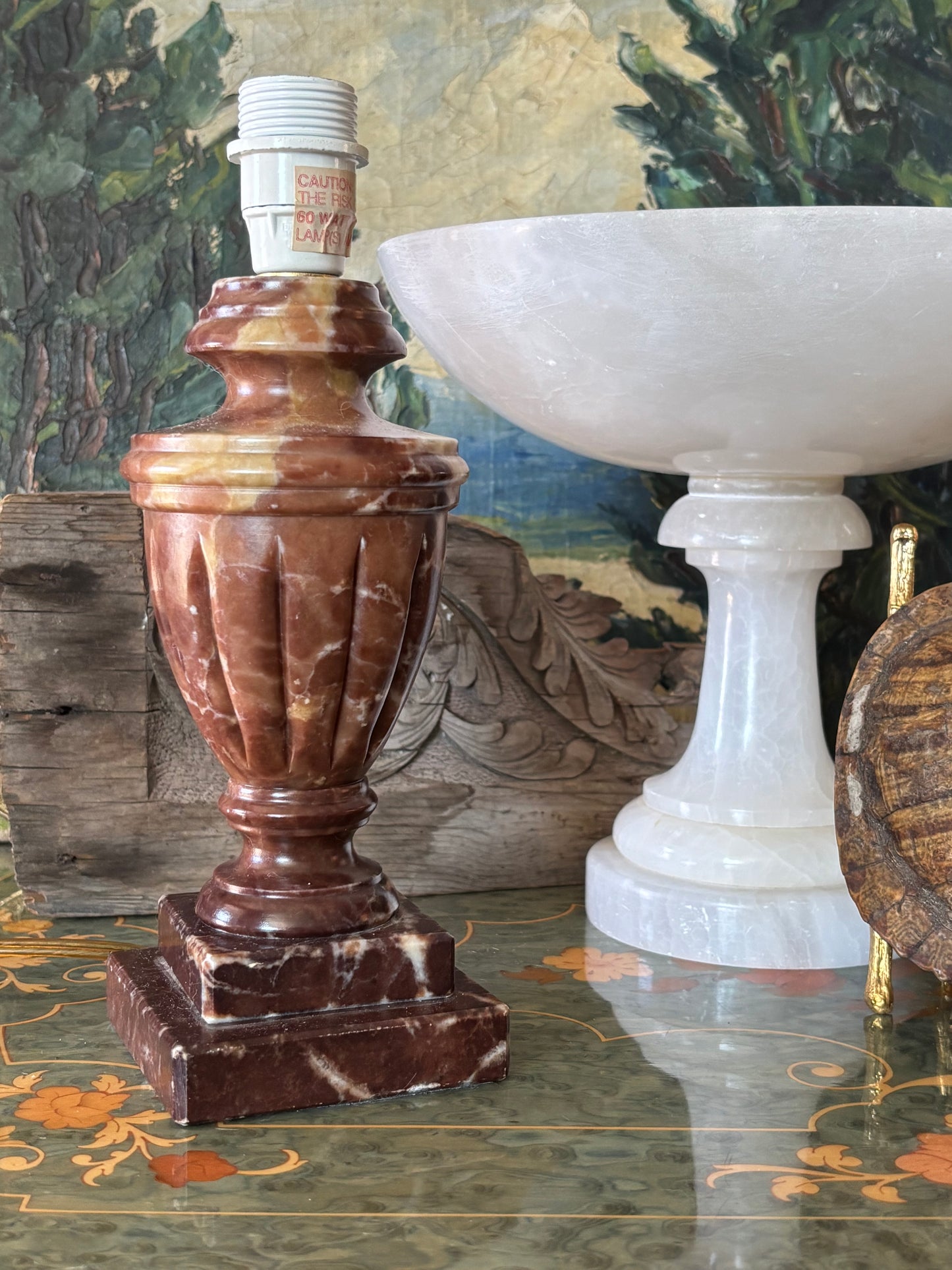 Vintage Brown Alabaster Carved Neoclassical 9” Lamp