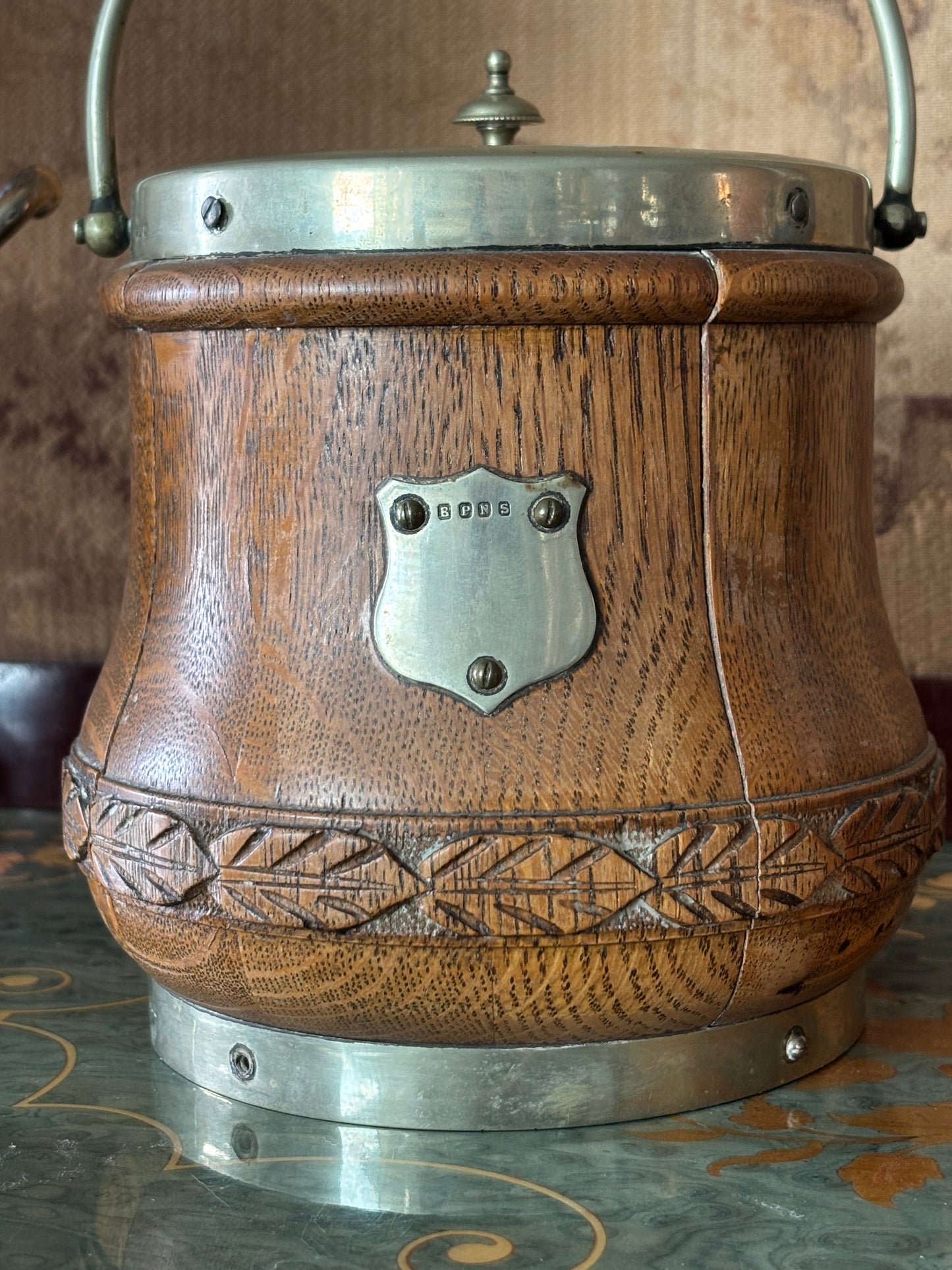 English Oak Silver Biscuit Barrel Ice Bucket