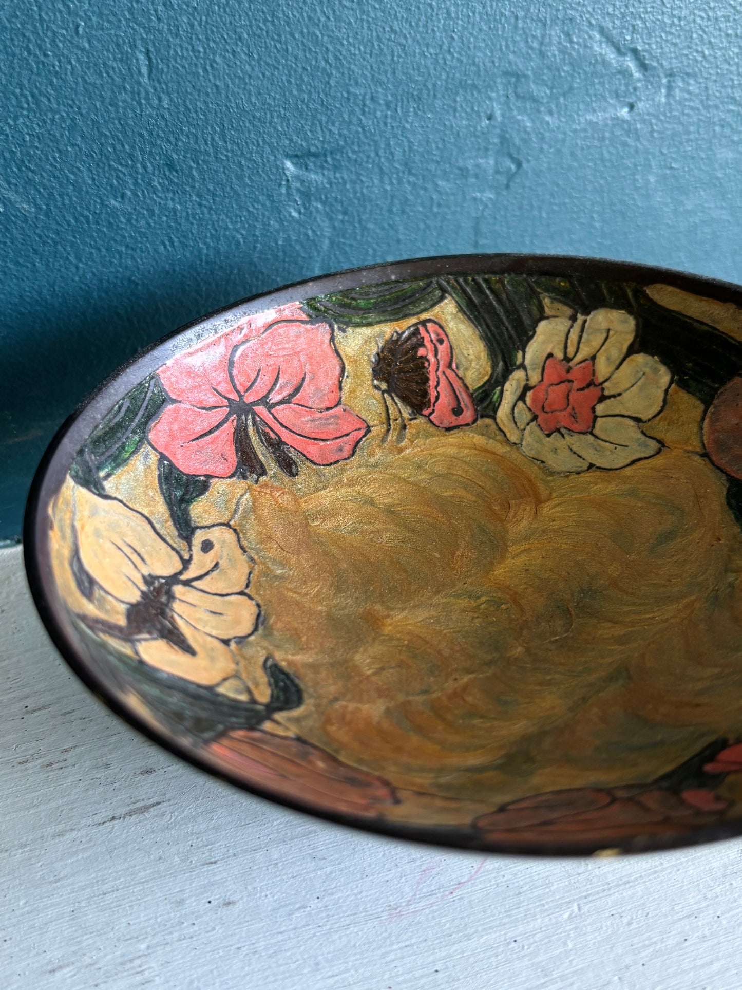 Vintage Brass & Enamel Pedestal Bowl w/ Yellow Pink & Orange Florals