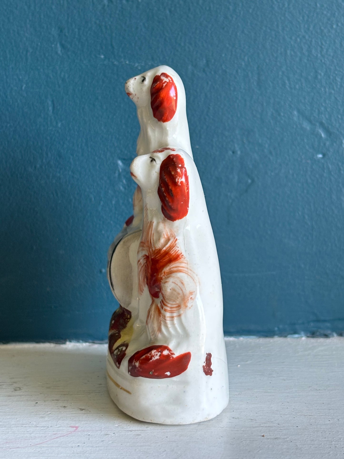 Antique Flatback Staffordshire Spaniel Dogs On Barrel Figurine