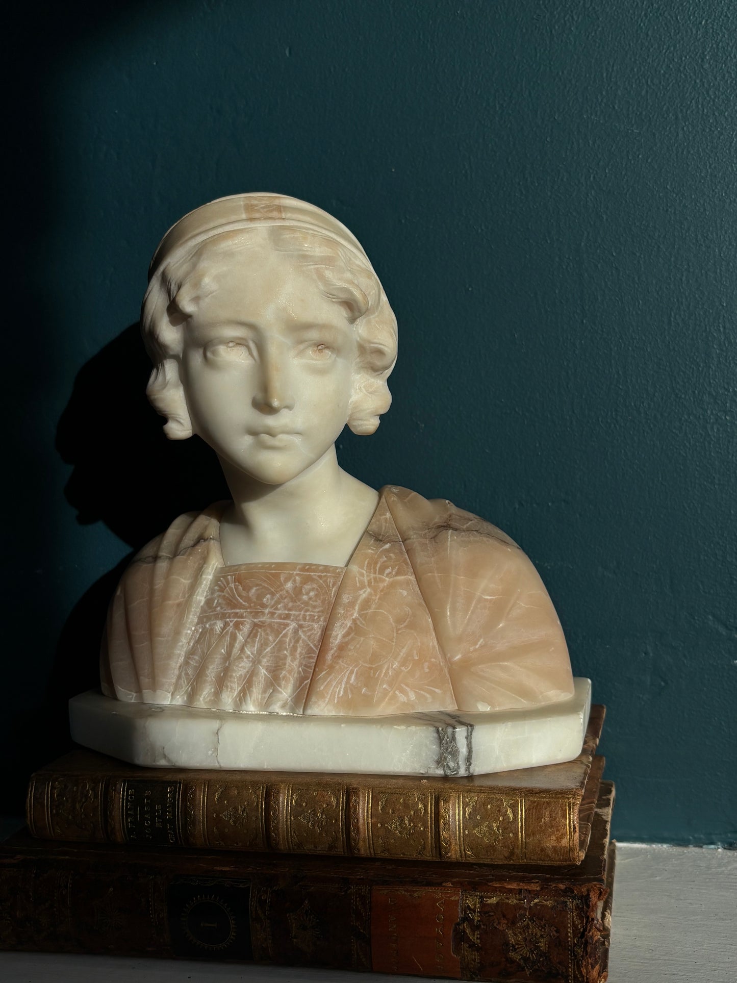 Vintage Signed Italian Carved Alabaster Female Bust Pink & White Sculpture