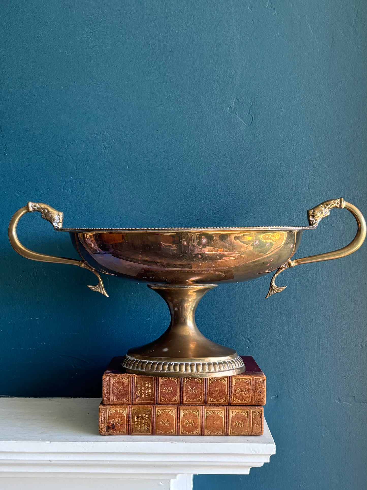 Vintage Large Brass Pedestal Compote Bowl Koi Fish Handles