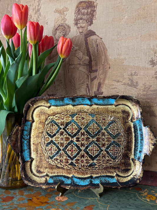 Vintage Italian Florentine Gold & Blue Tray