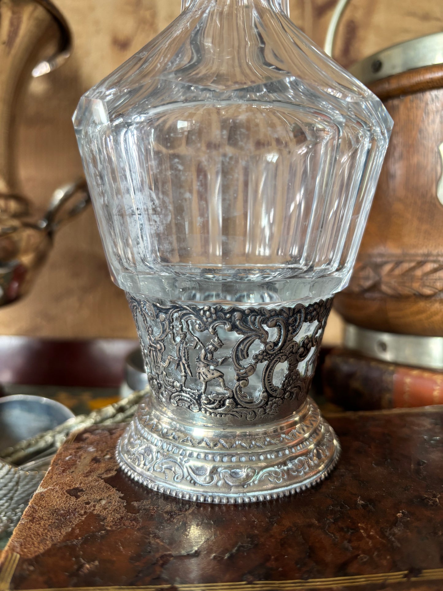 Antique Dutch Crystal & Continental Silver Repousse Dog Decanter
