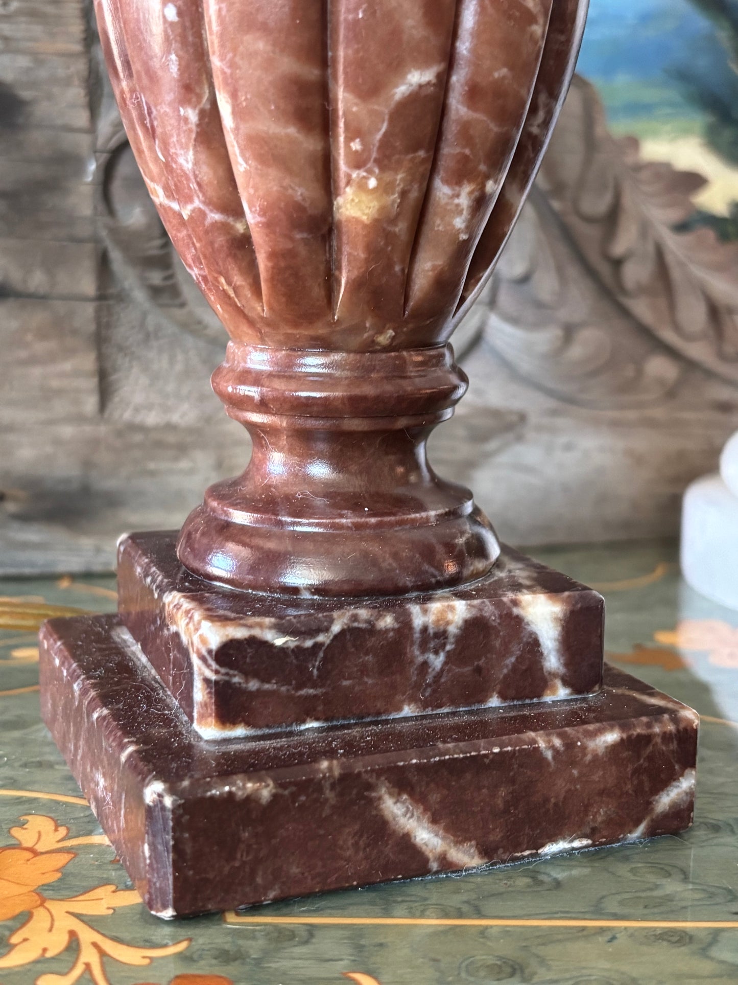 Vintage Brown Alabaster Carved Neoclassical 9” Lamp