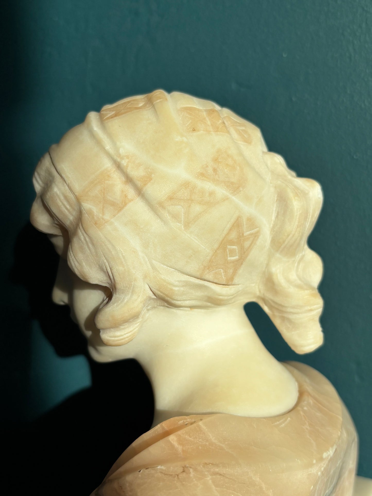Vintage Signed Italian Carved Alabaster Female Bust Pink & White Sculpture