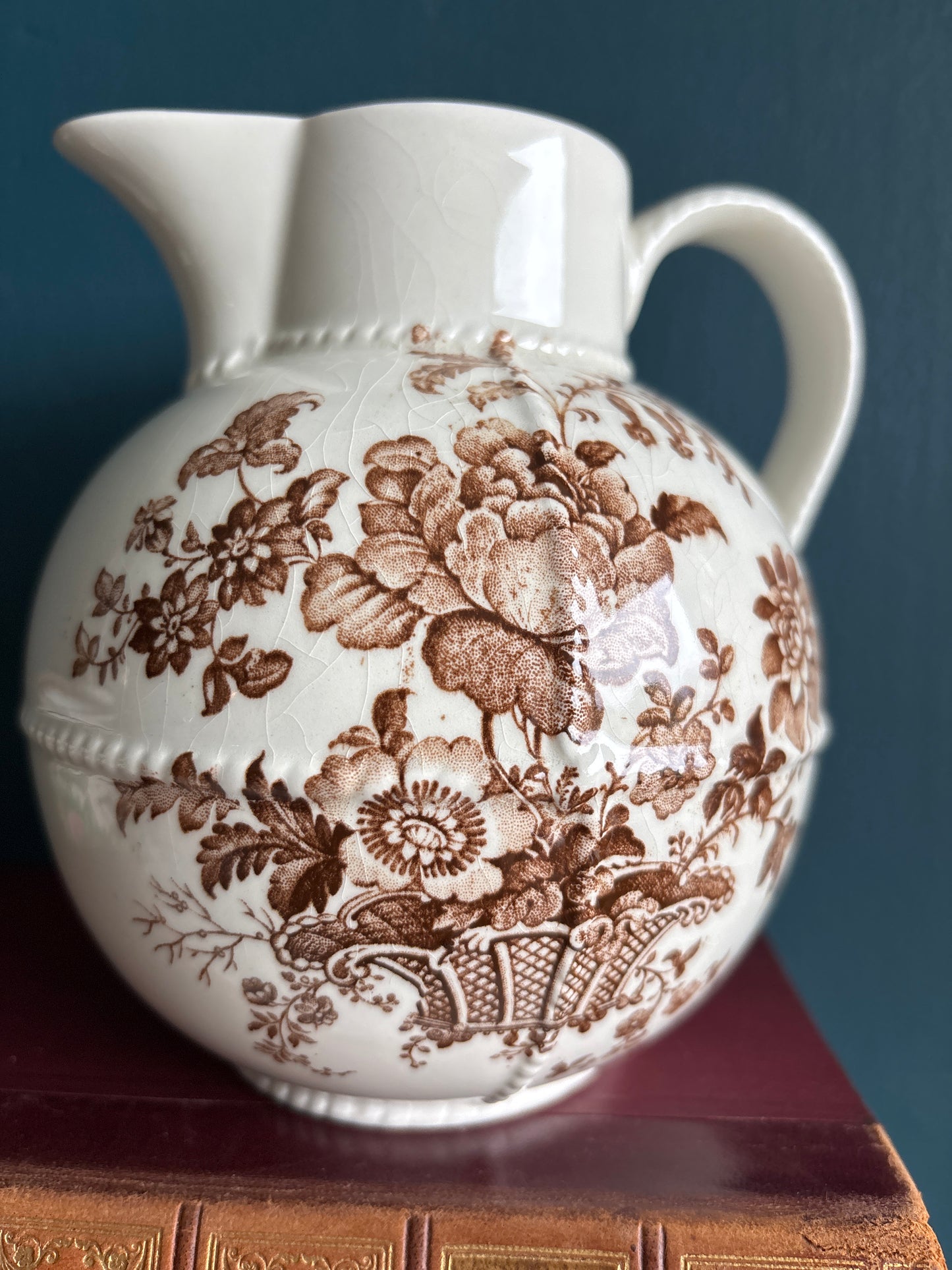 English Ironstone Royal Crownford Brown Transferware Pitcher