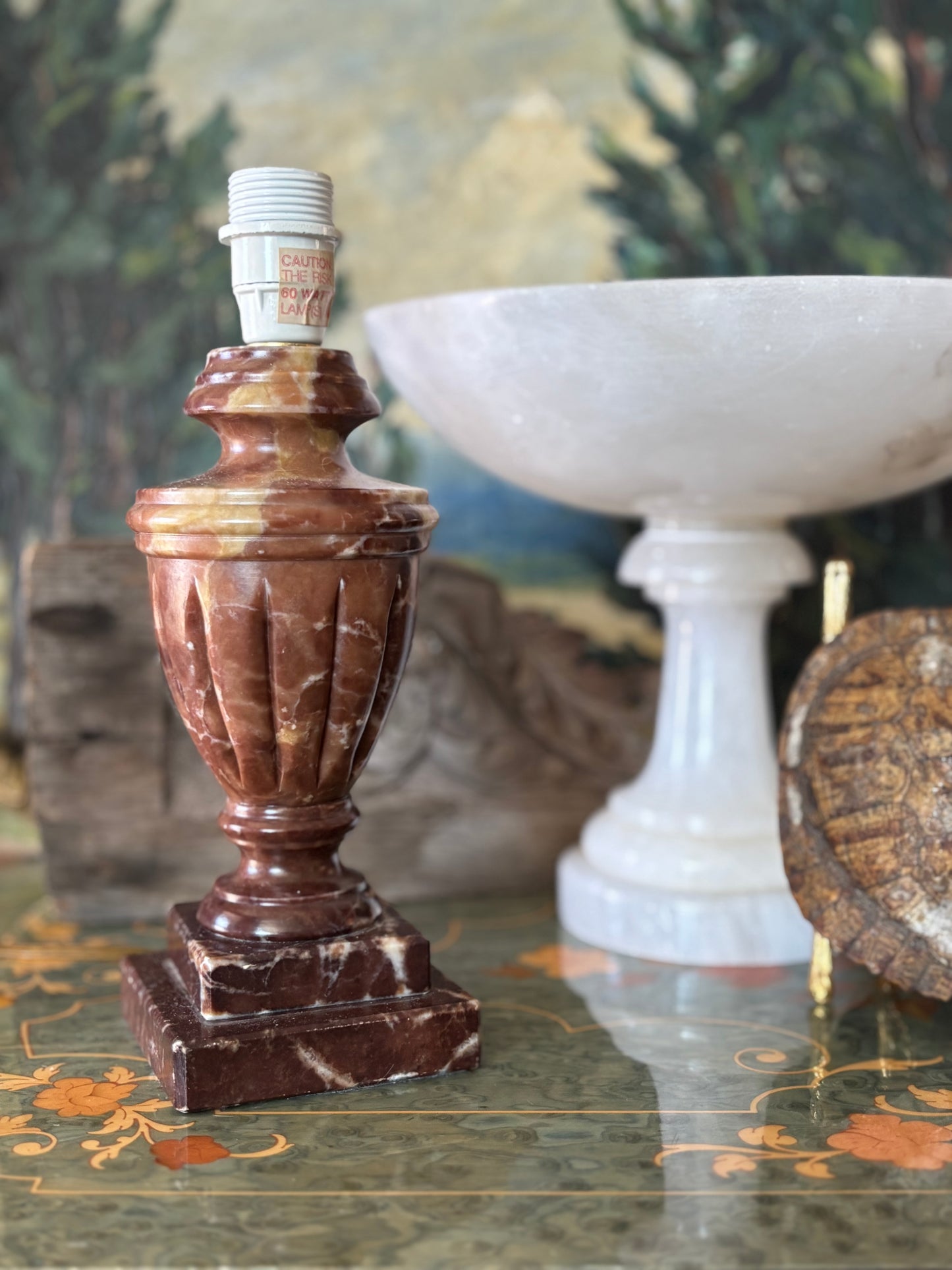 Vintage Brown Alabaster Carved Neoclassical 9” Lamp