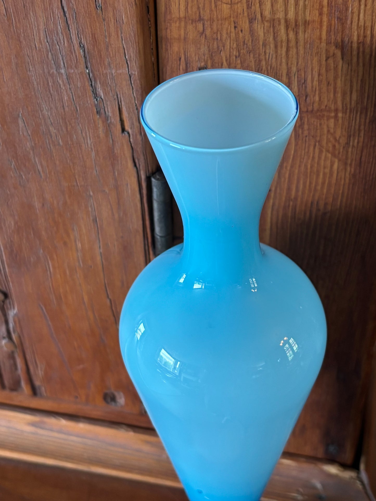 Hand Blown Blue Opaline Glass Stem Vase 10"