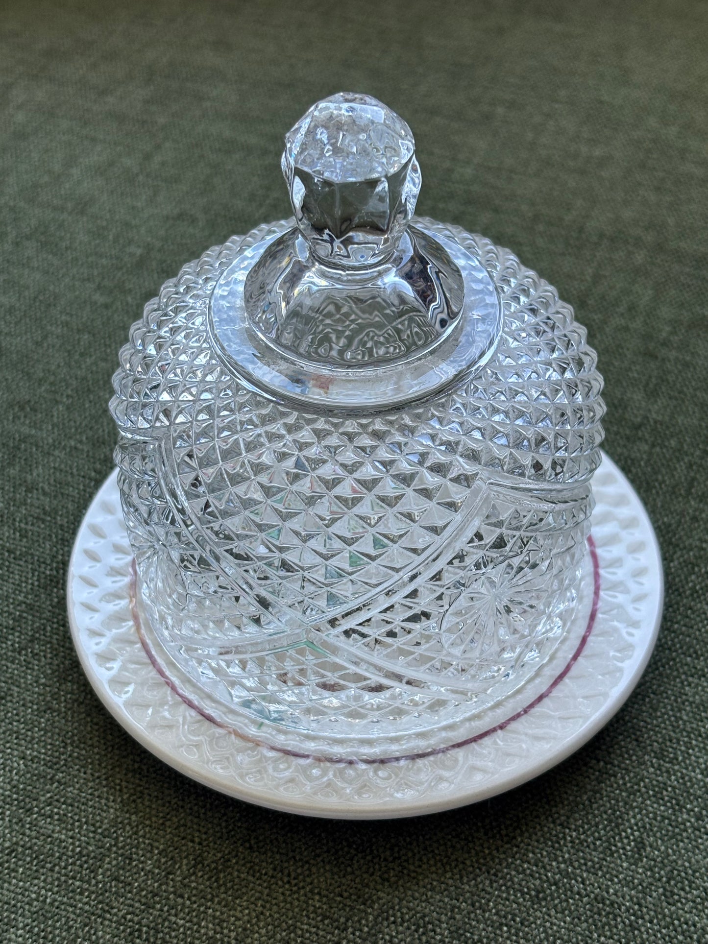Charming Diamond Cut Glass Butter Cloche w/ Foral Plate