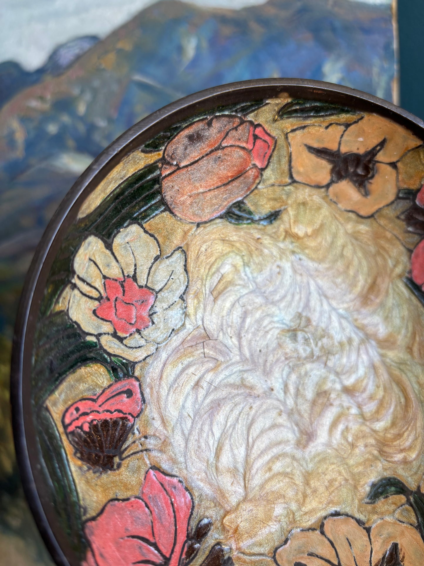 Vintage Brass & Enamel Pedestal Bowl w/ Yellow Pink & Orange Florals