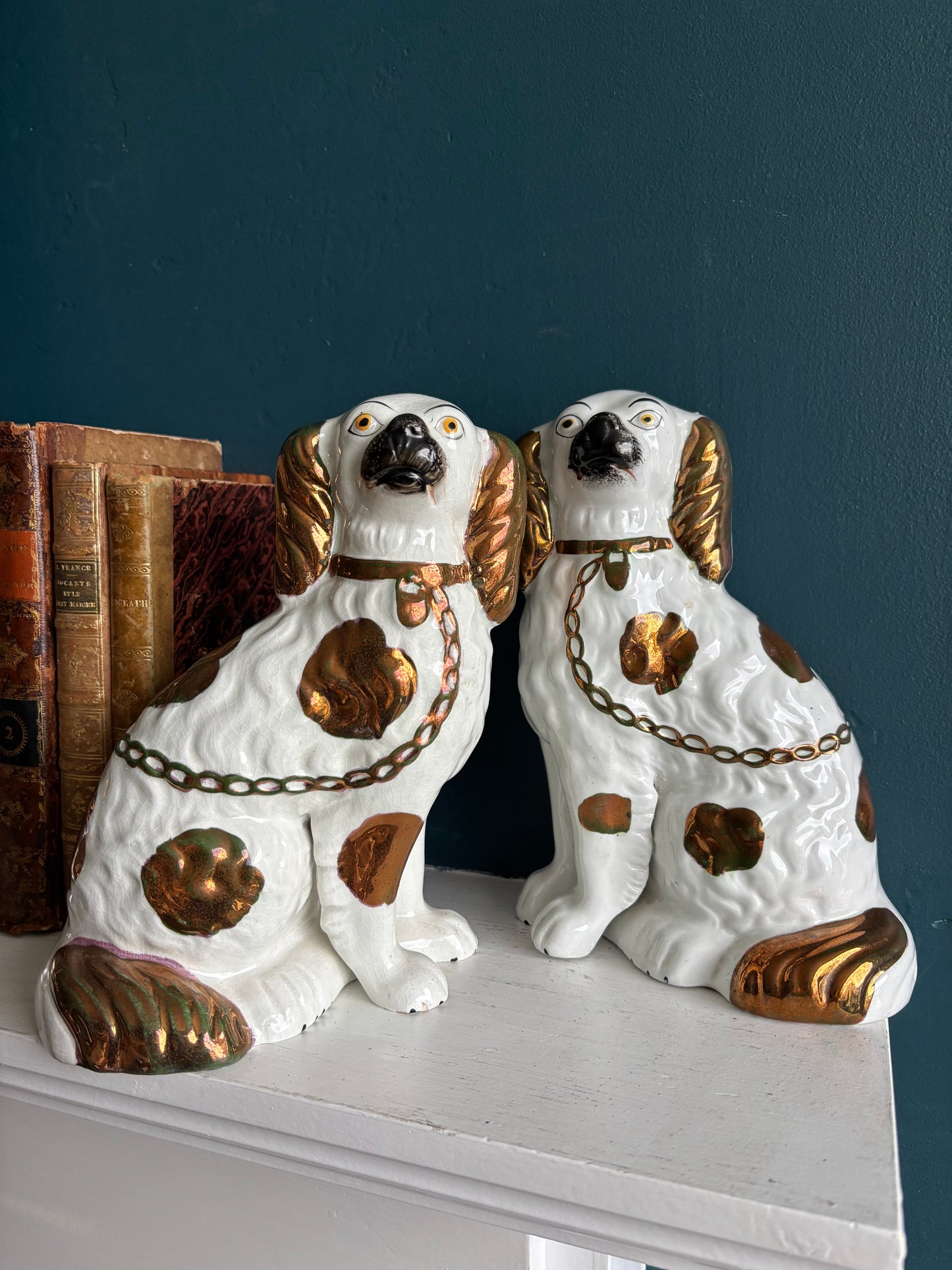 RESERVED Pair of Antique Copper Lustre Staffordshire Spaniels