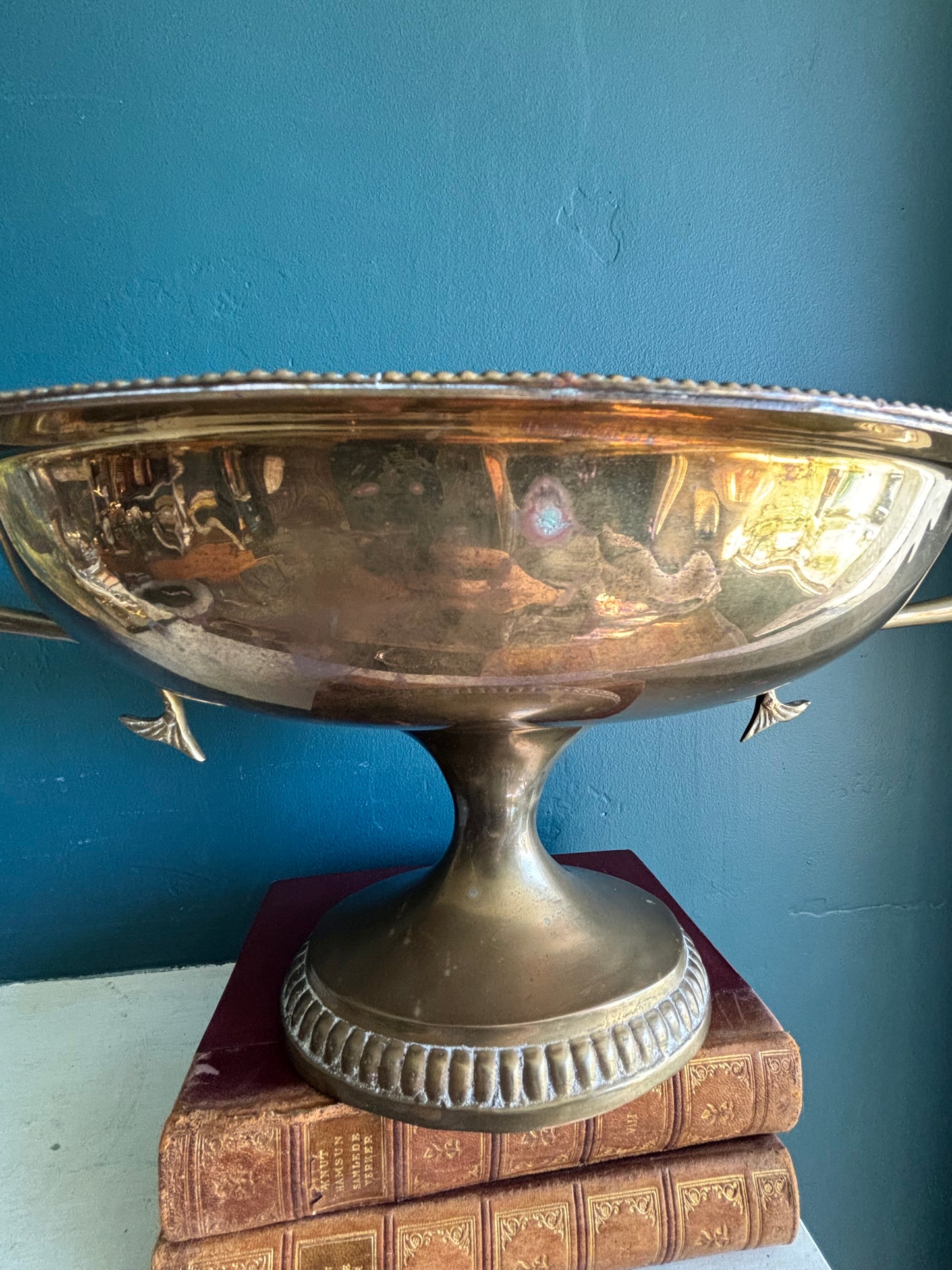 Vintage Large Brass Pedestal Compote Bowl Koi Fish Handles