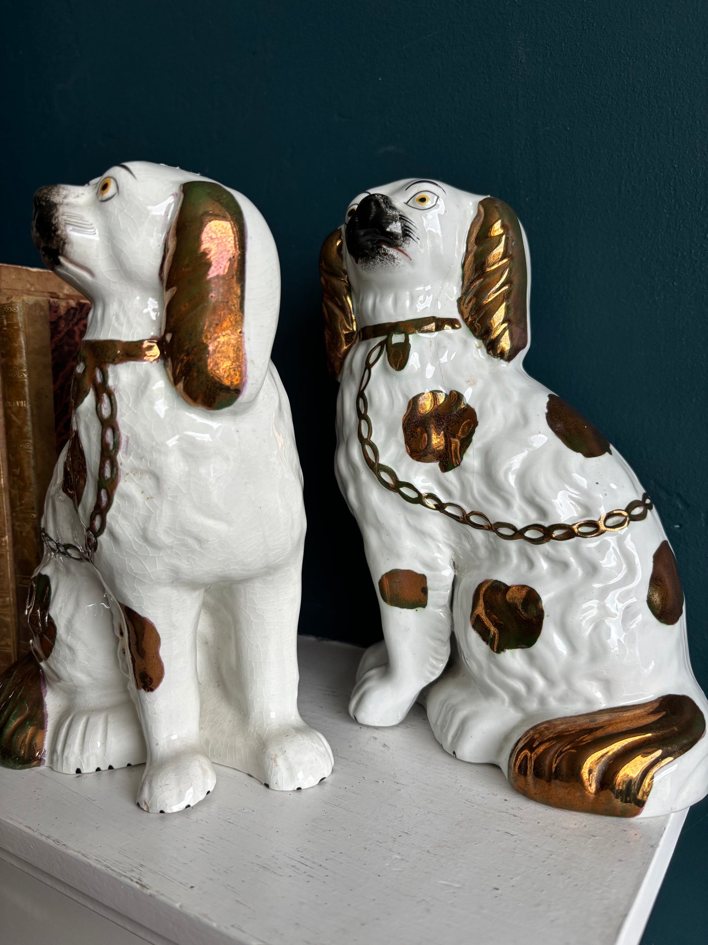RESERVED Pair of Antique Copper Lustre Staffordshire Spaniels