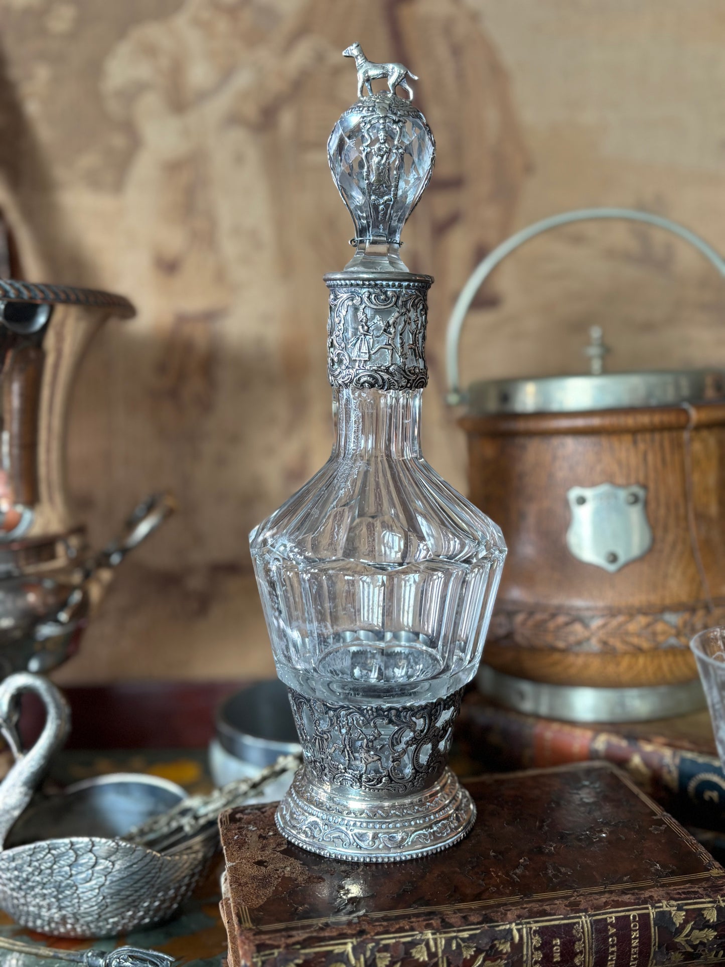 Antique Dutch Crystal & Continental Silver Repousse Dog Decanter