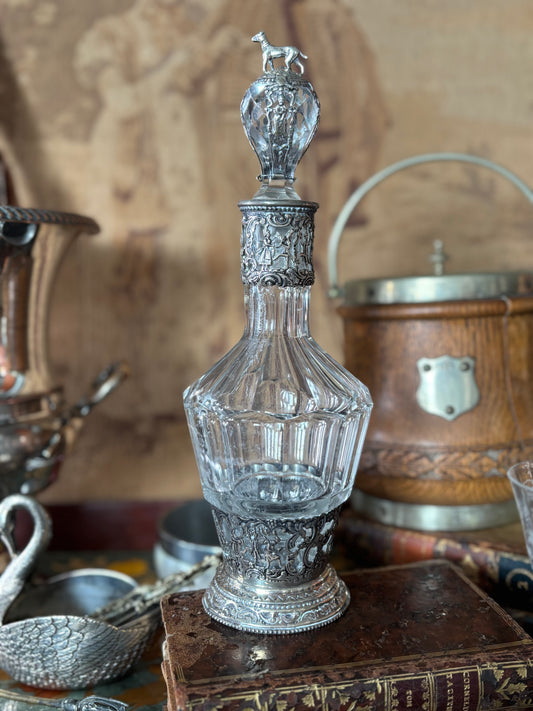 Antique Dutch Crystal & Continental Silver Repousse Dog Decanter