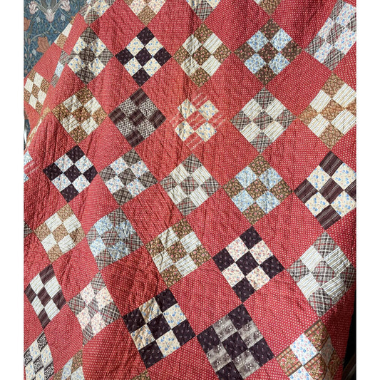 Antique On Point Nine Patch Handmade Quilt 1890's image 0