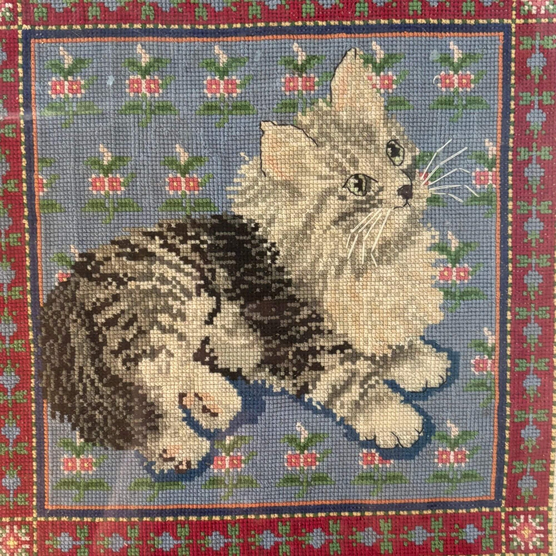 Adorable Vintage Cat Needlepoint Framed under Glass image 0