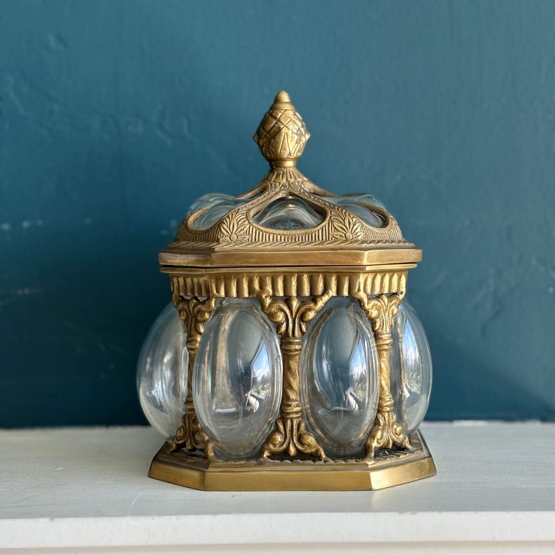 Vintage Clear Bubble Glass Brass Lidded Jar image 1