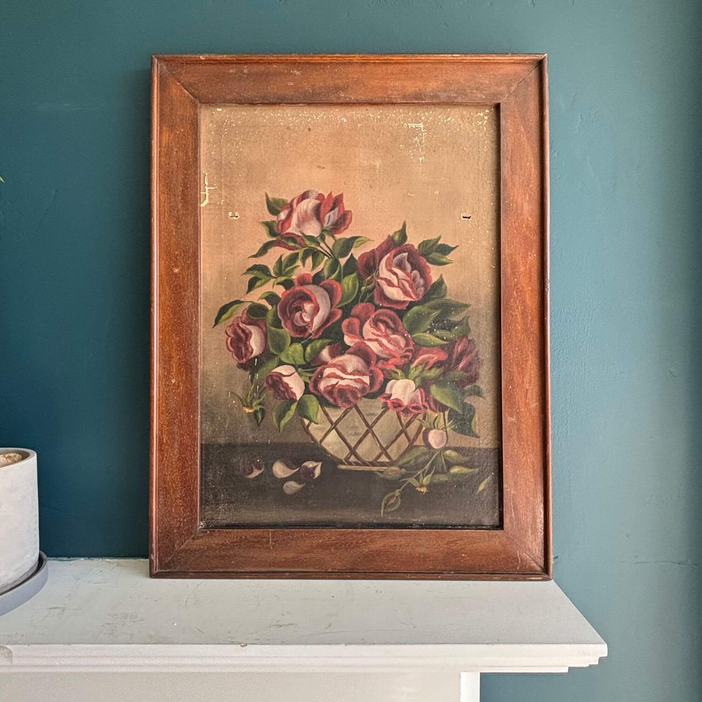 Antique European Oil Painting Framed Moody Still Life Roses image 0