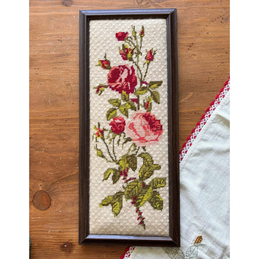 Vintage Roses Needlepoint Framed Red & Pink image 0