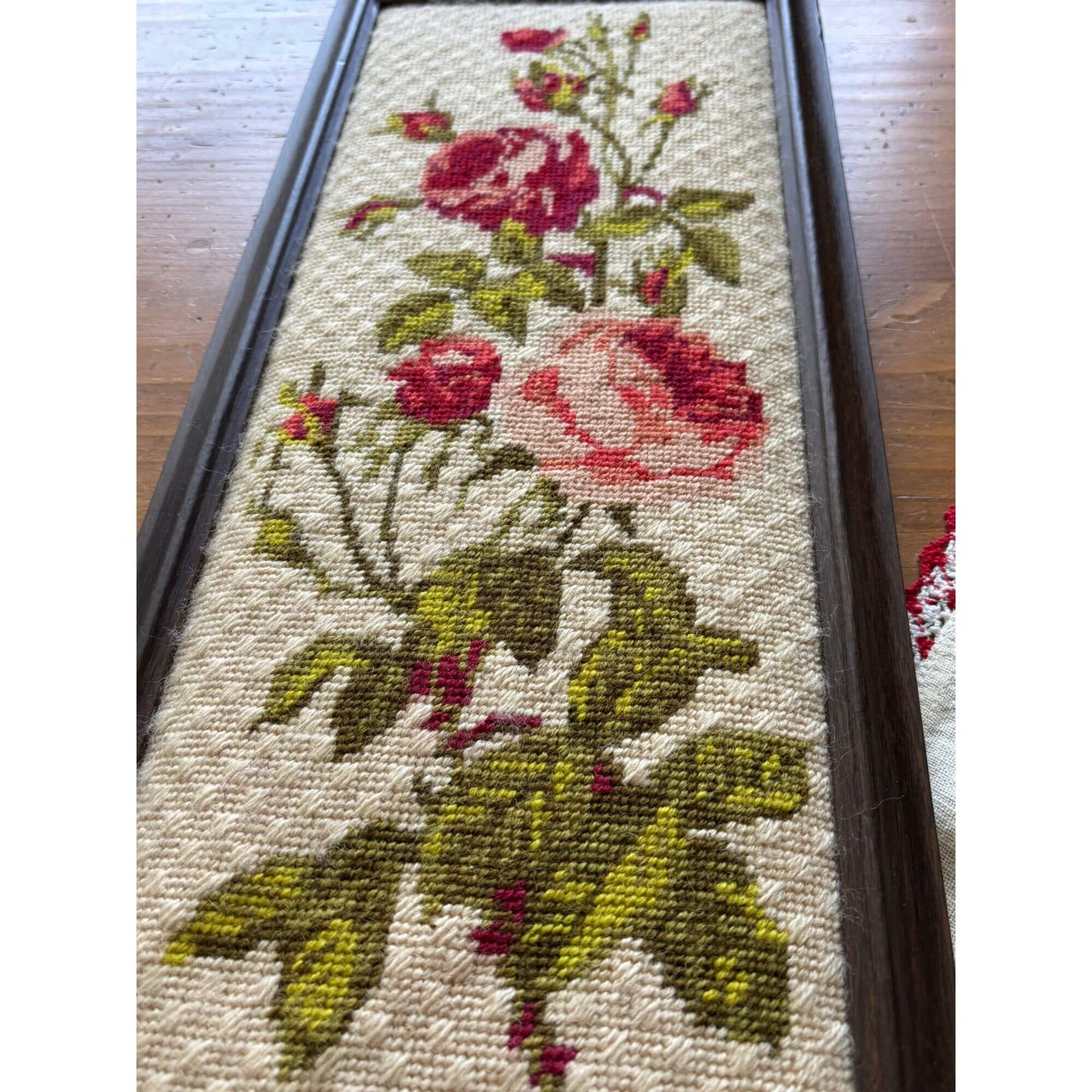 Vintage Roses Needlepoint Framed Red & Pink image 1