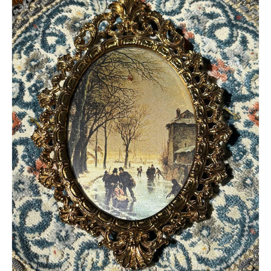 Vintage Italian Winter Scene Framed in Gold Metal image 0