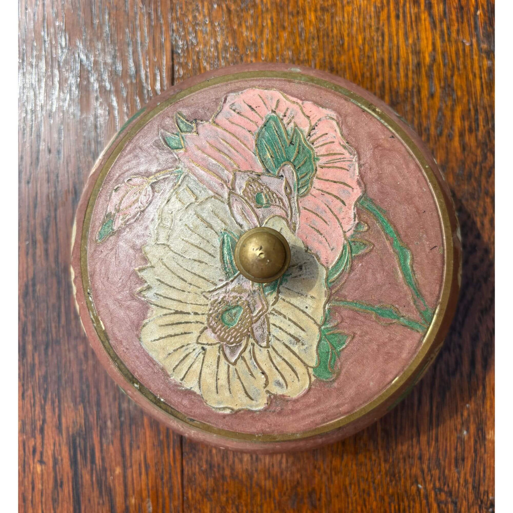 Vintage Brass Floral Enamel Mauve Jar image 0