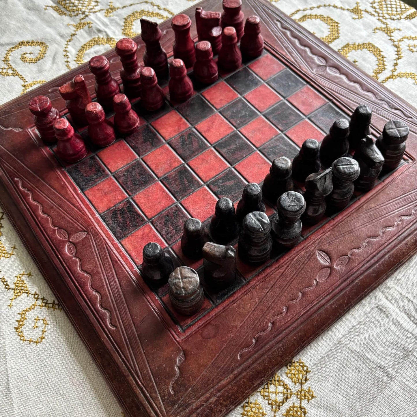 Vintage Hand Tooled Leather Chess Set Burgundy & Black image 0