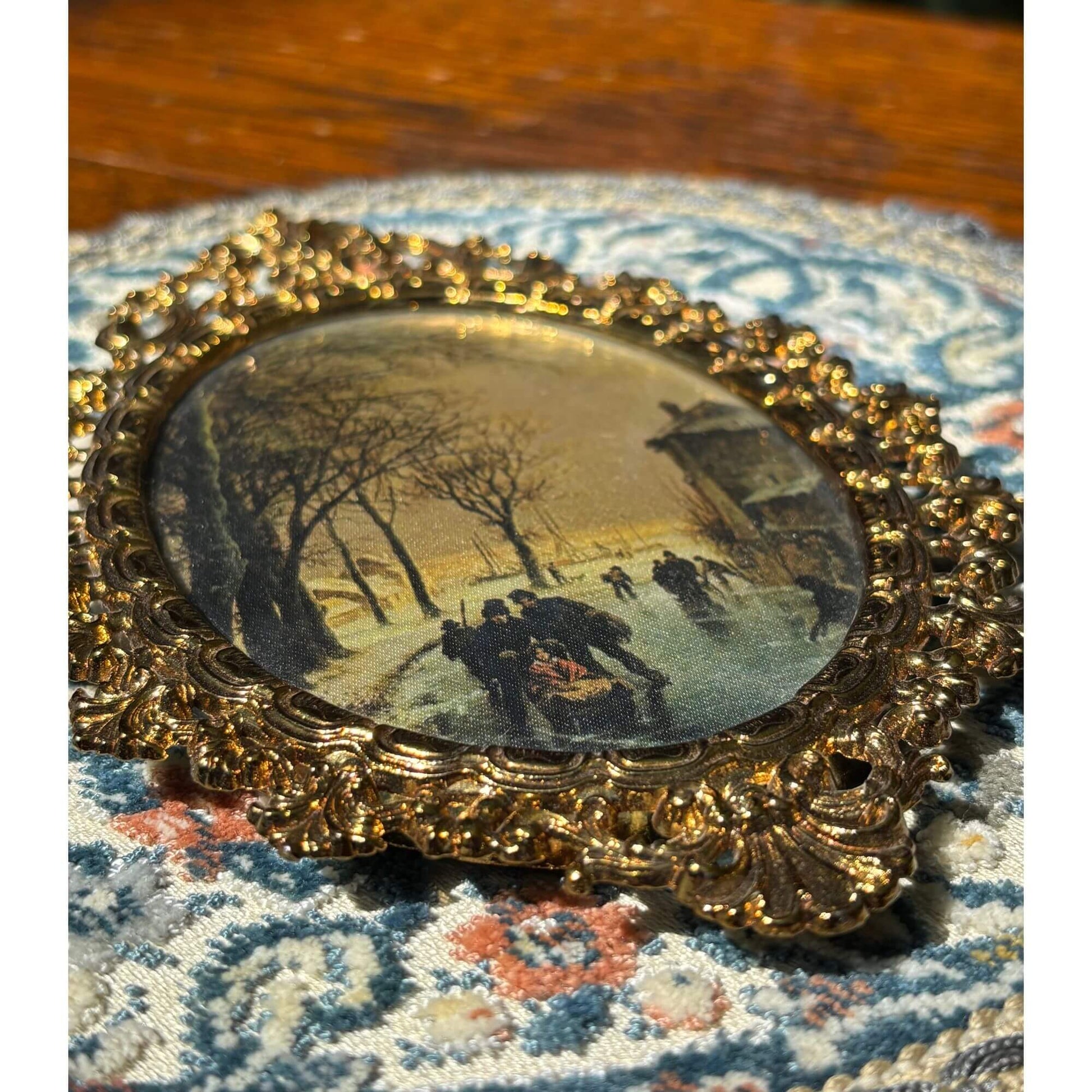 Vintage Italian Winter Scene Framed in Gold Metal image 2