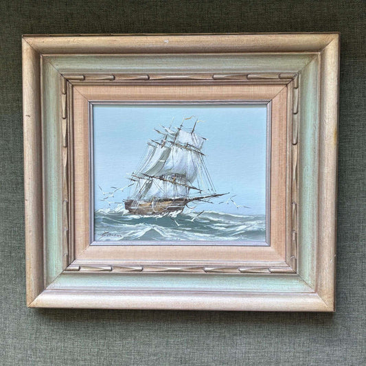 Vintage Coastal Clipper Ship Signed Painting Wooden Frame 17x15 image 0