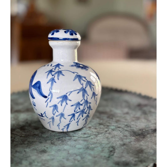 Vintage Blue & White Porcelain Bulbous Jar with Stopper image 0