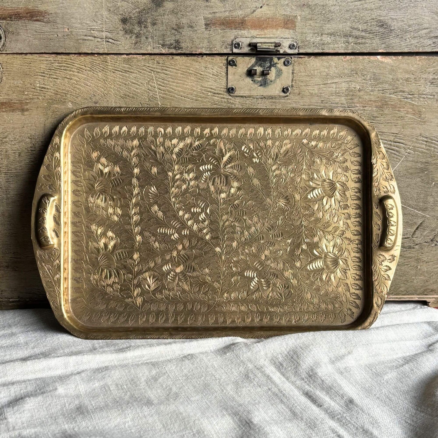 Beautiful Vintage Etched Brass Tray image 1
