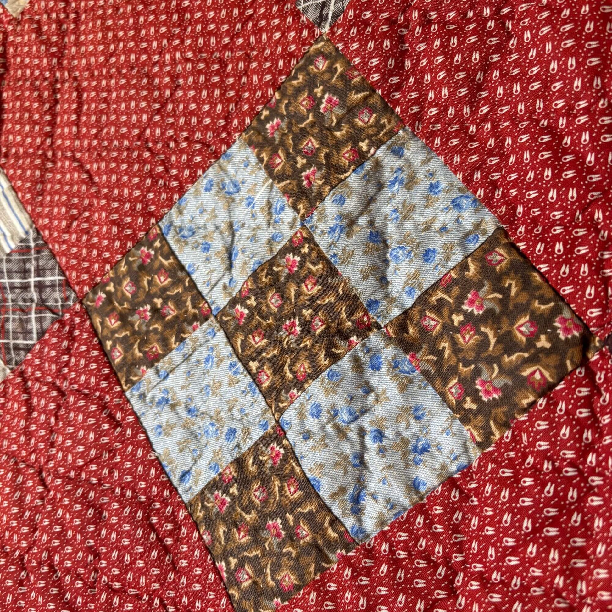 Antique On Point Nine Patch Handmade Quilt 1890's image 2