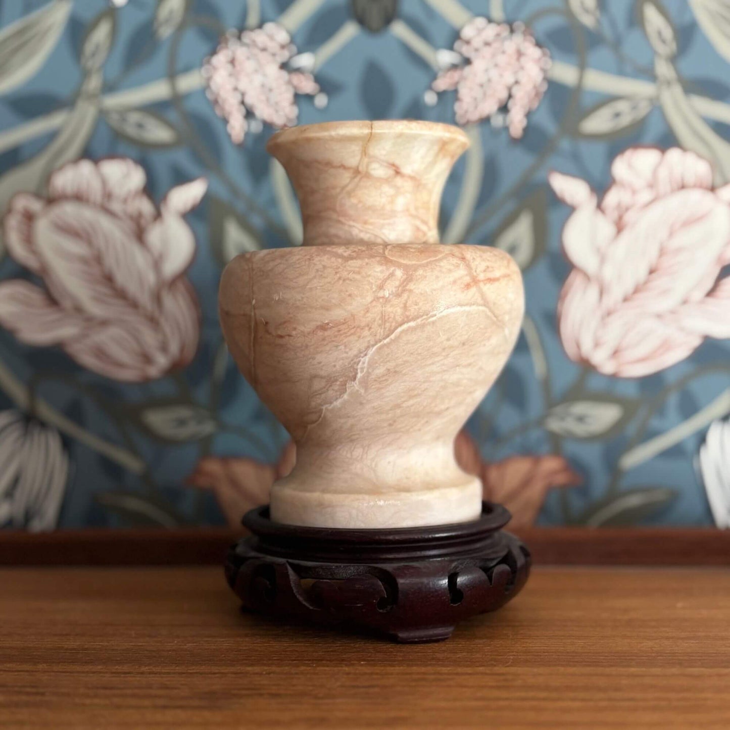 Vintage Soft Beige/Pink Alabaster Vase w/ Wooden Riser image 4