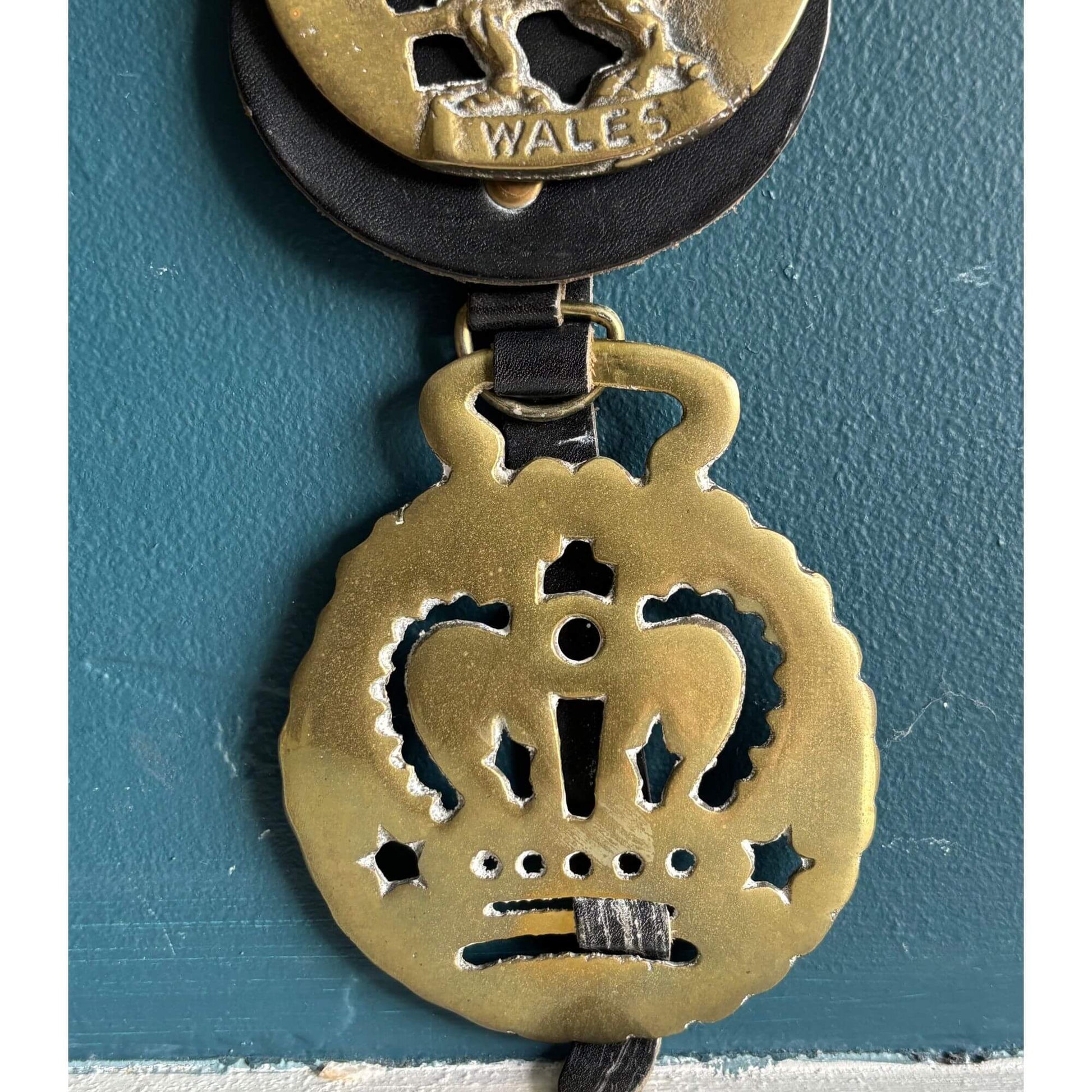 Vintage English Brass Horse Medallions on Leather Strap image 3