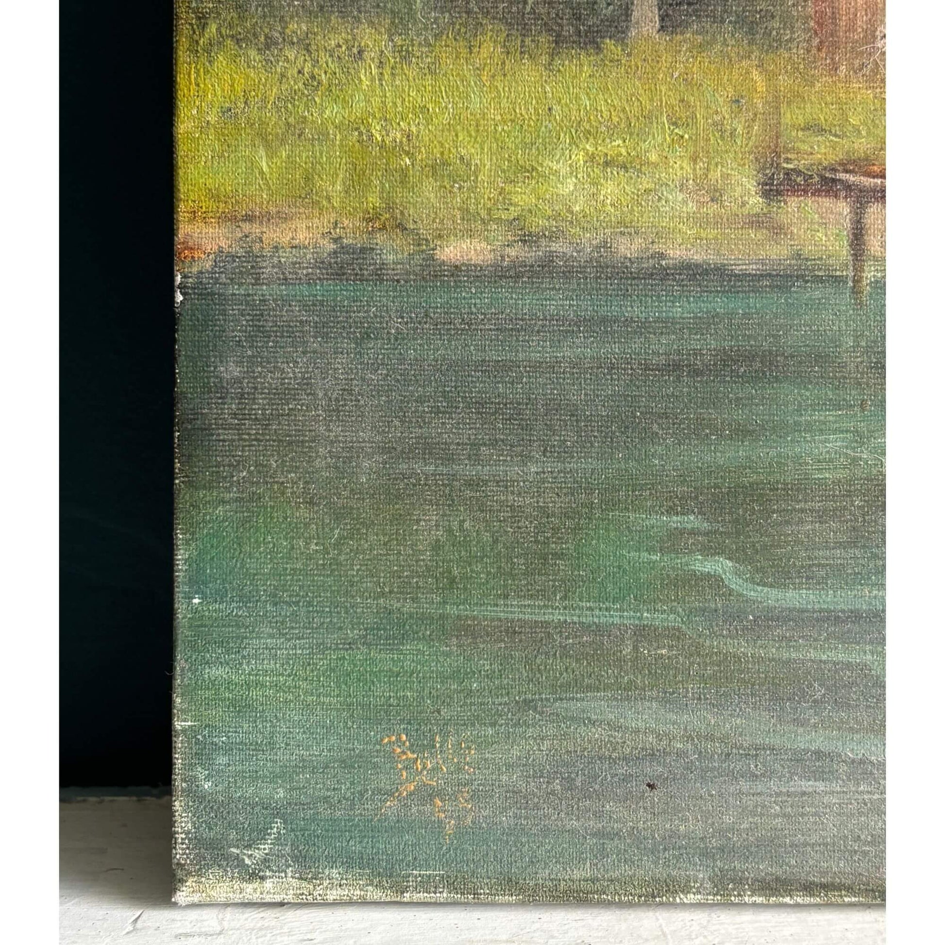 Vintage Signed Riverbank Country Oil Painting 24x18 image 3